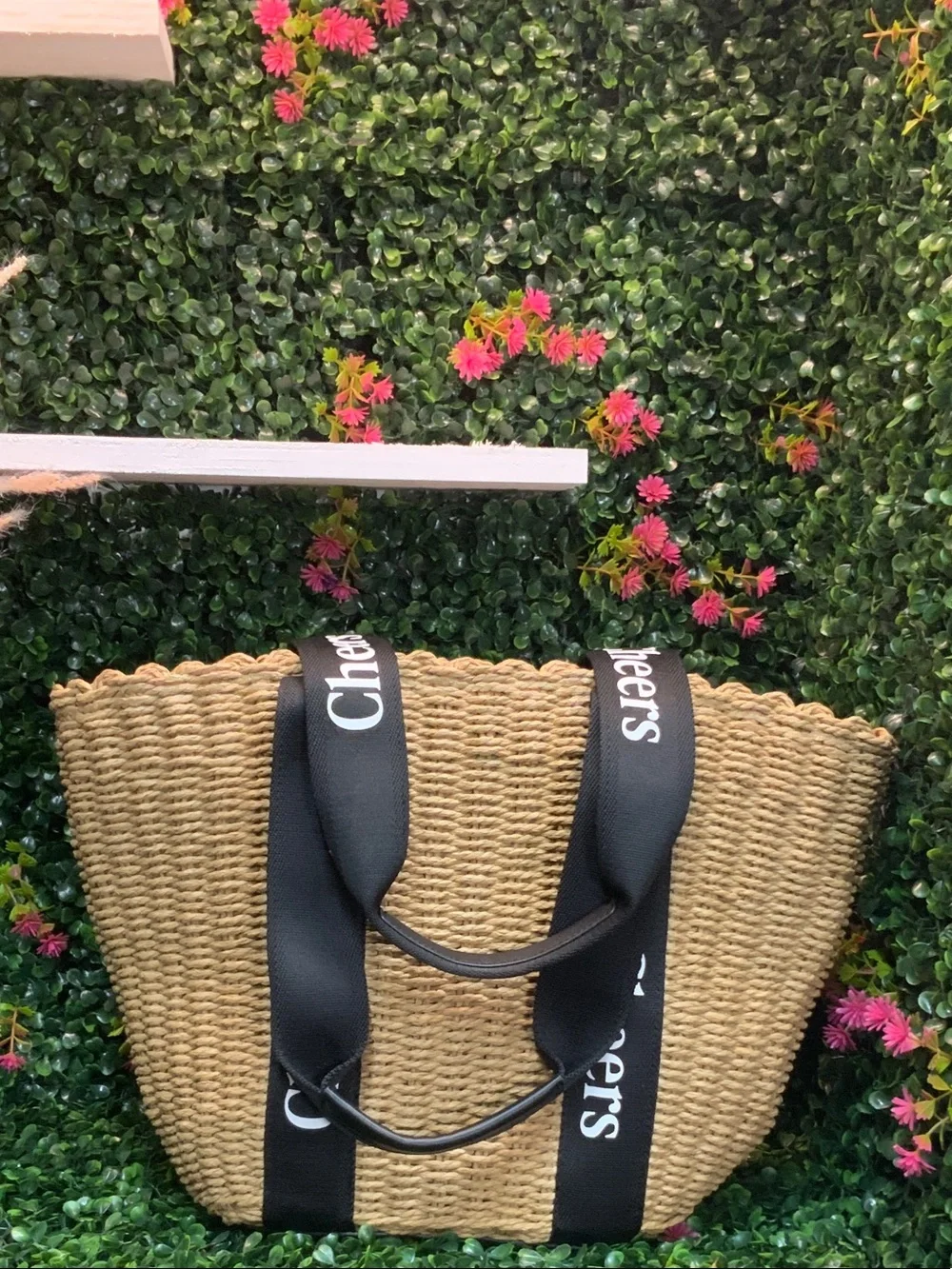 Straw Tote Bag with 'Cheers' Black Ribbon Handles